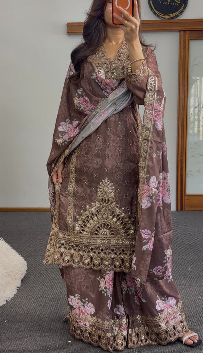 Mauve brown kurti set with gold zari embroidery, sequin detailing and floral printed dupatta — Behuli Australia — view 4