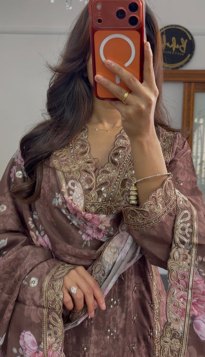 Mauve brown kurti set with gold zari embroidery, sequin detailing and floral printed dupatta — Behuli Australia — view 5