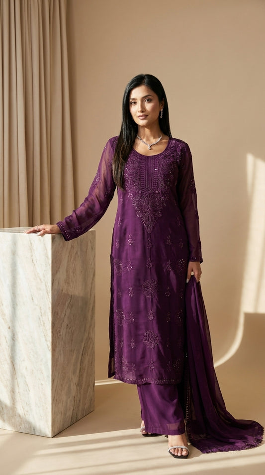 Deep royal purple chikankari kurti set with sequin embroidery, matching palazzo pants and dupatta — Behuli Australia