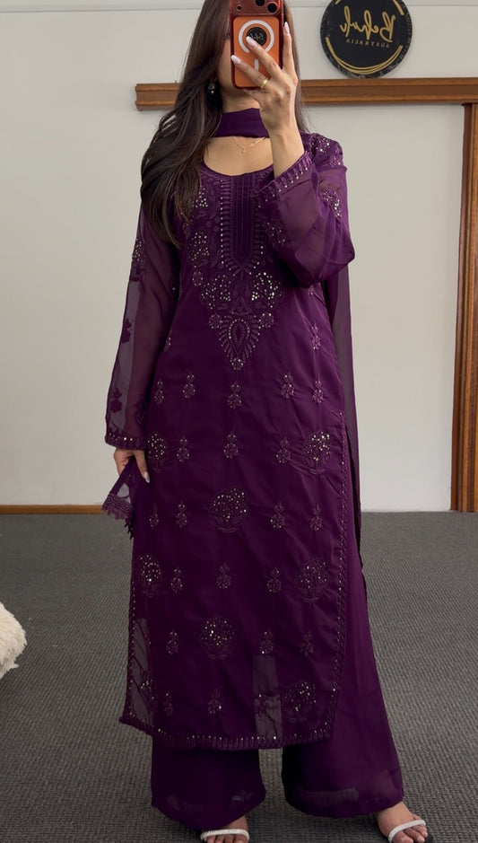 Deep royal purple chikankari kurti set with sequin embroidery, matching palazzo pants and dupatta — Behuli Australia — view 2