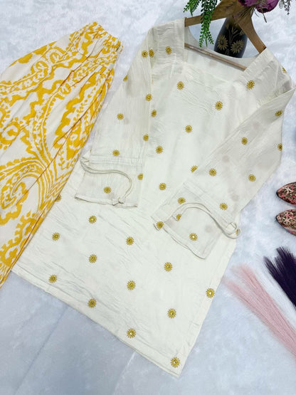 Ivory long kurti with gold sunflower embellishment and mustard ikat-print palazzo co-ord set — Behuli Australia