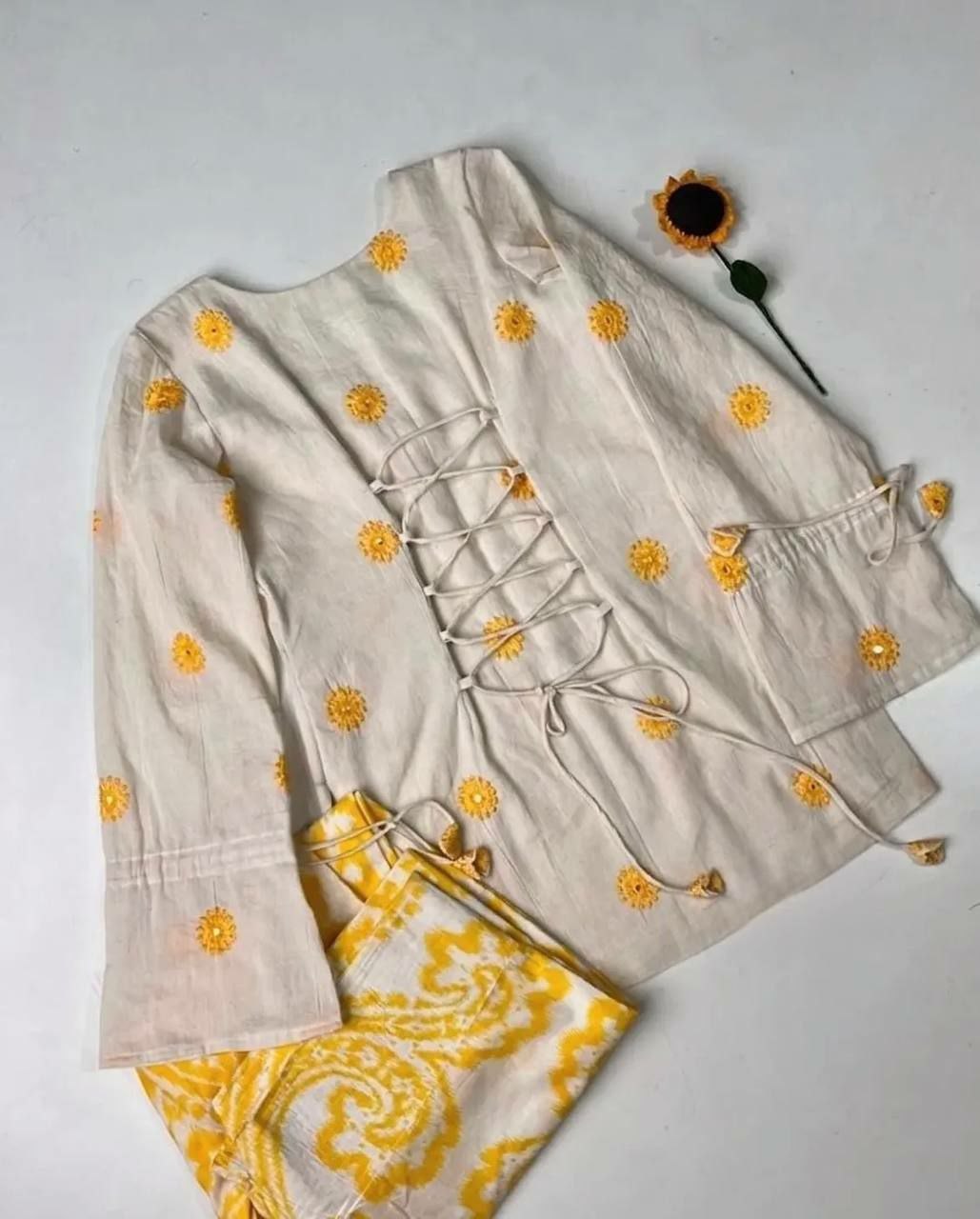 Ivory long kurti with gold sunflower embellishment and mustard ikat-print palazzo co-ord set — Behuli Australia — view 2