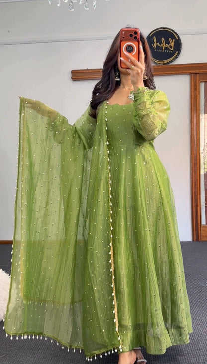Olive green Salsa fabric Anarkali set with pearl bead dupatta and scalloped neckline — Behuli Australia