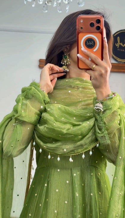 Olive green Salsa fabric Anarkali set with pearl bead dupatta and scalloped neckline — Behuli Australia — view 2