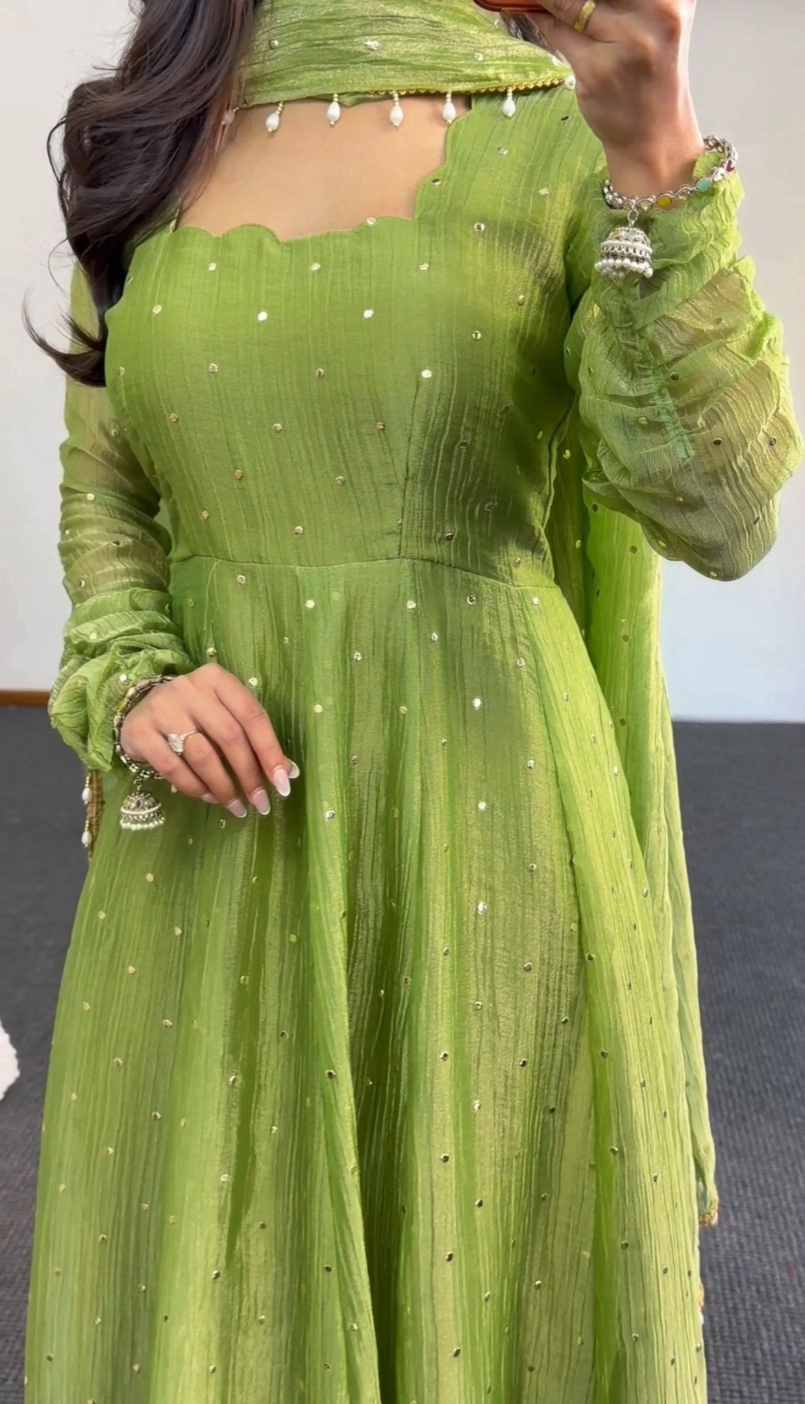 Olive green Salsa fabric Anarkali set with pearl bead dupatta and scalloped neckline — Behuli Australia — view 3