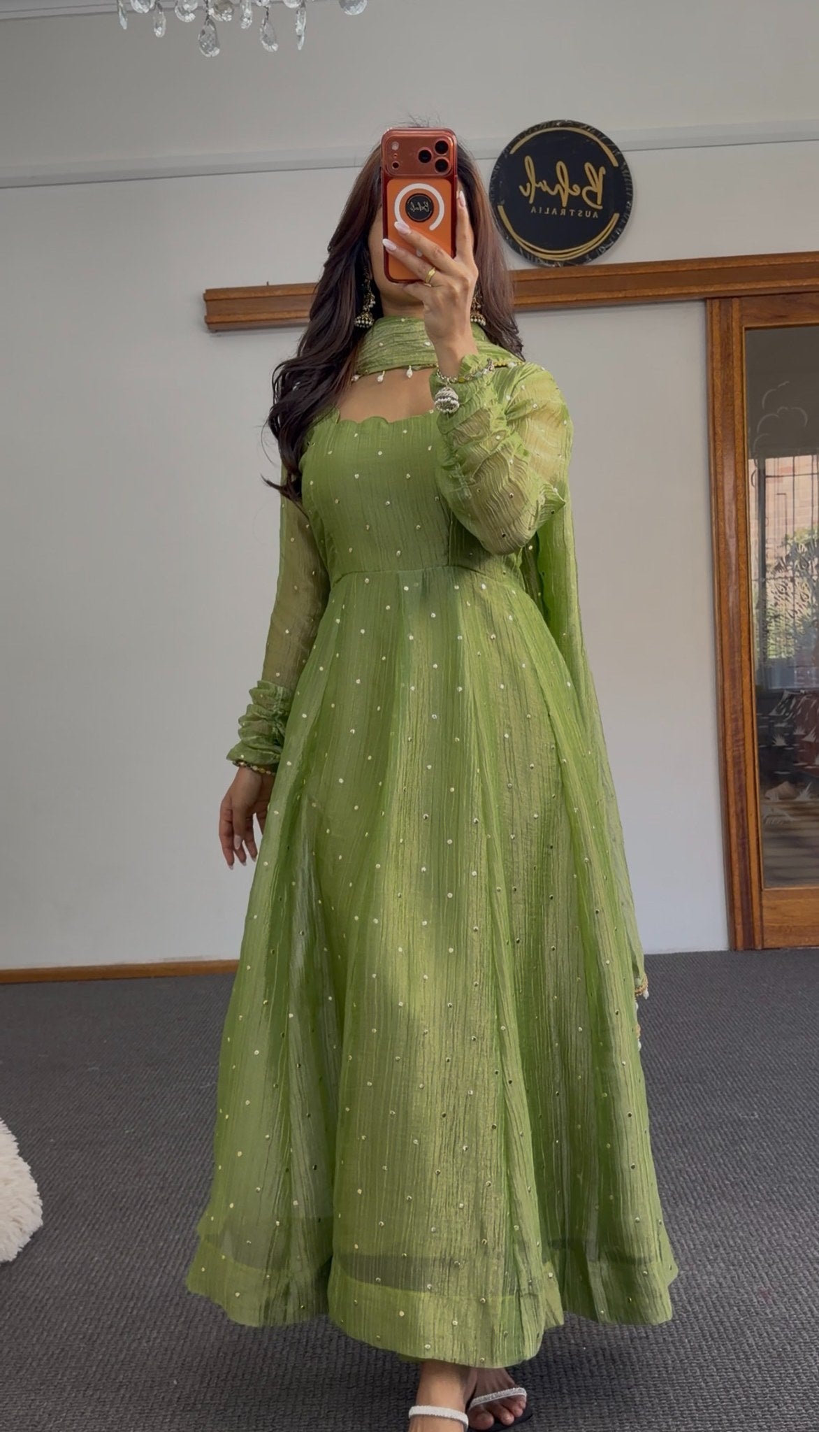 Olive green Salsa fabric Anarkali set with pearl bead dupatta and scalloped neckline — Behuli Australia — view 4