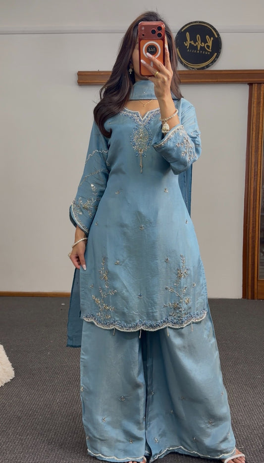 Steel blue shimmer tissue silk palazzo suit set with silver-gold floral embroidery, scalloped hem border and matching