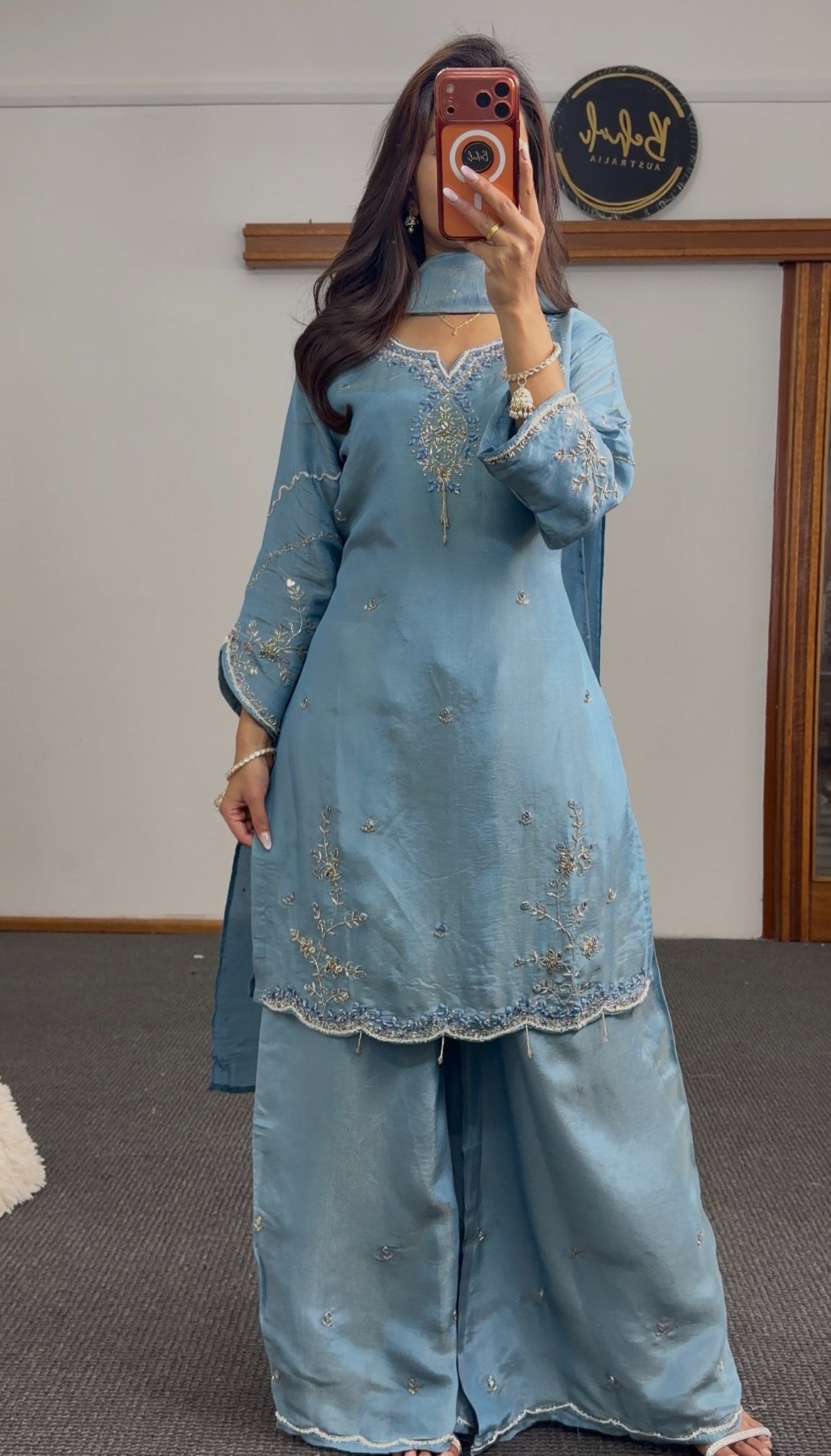 Steel blue shimmer tissue silk palazzo suit set with silver-gold floral embroidery, scalloped hem border and matching