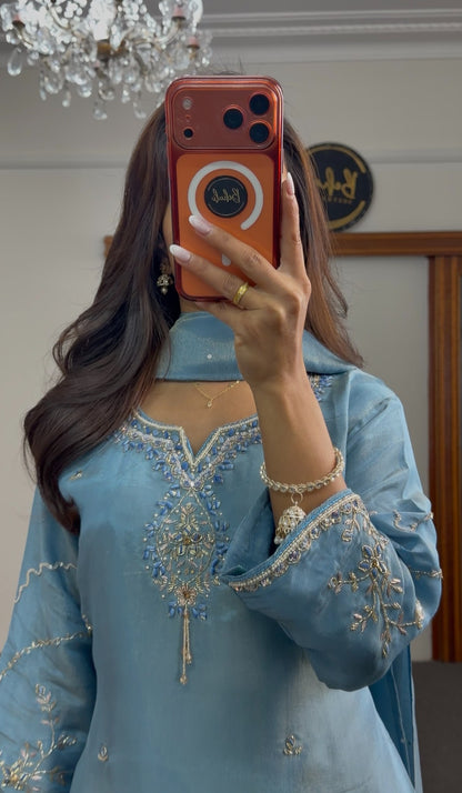 Steel blue shimmer tissue silk palazzo suit set with silver-gold floral embroidery, scalloped hem border and matching — view 2