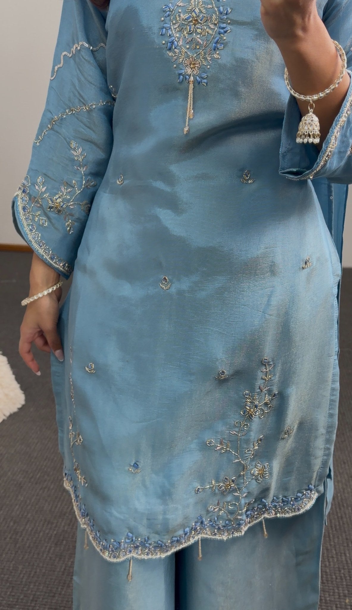 Steel blue shimmer tissue silk palazzo suit set with silver-gold floral embroidery, scalloped hem border and matching — view 3
