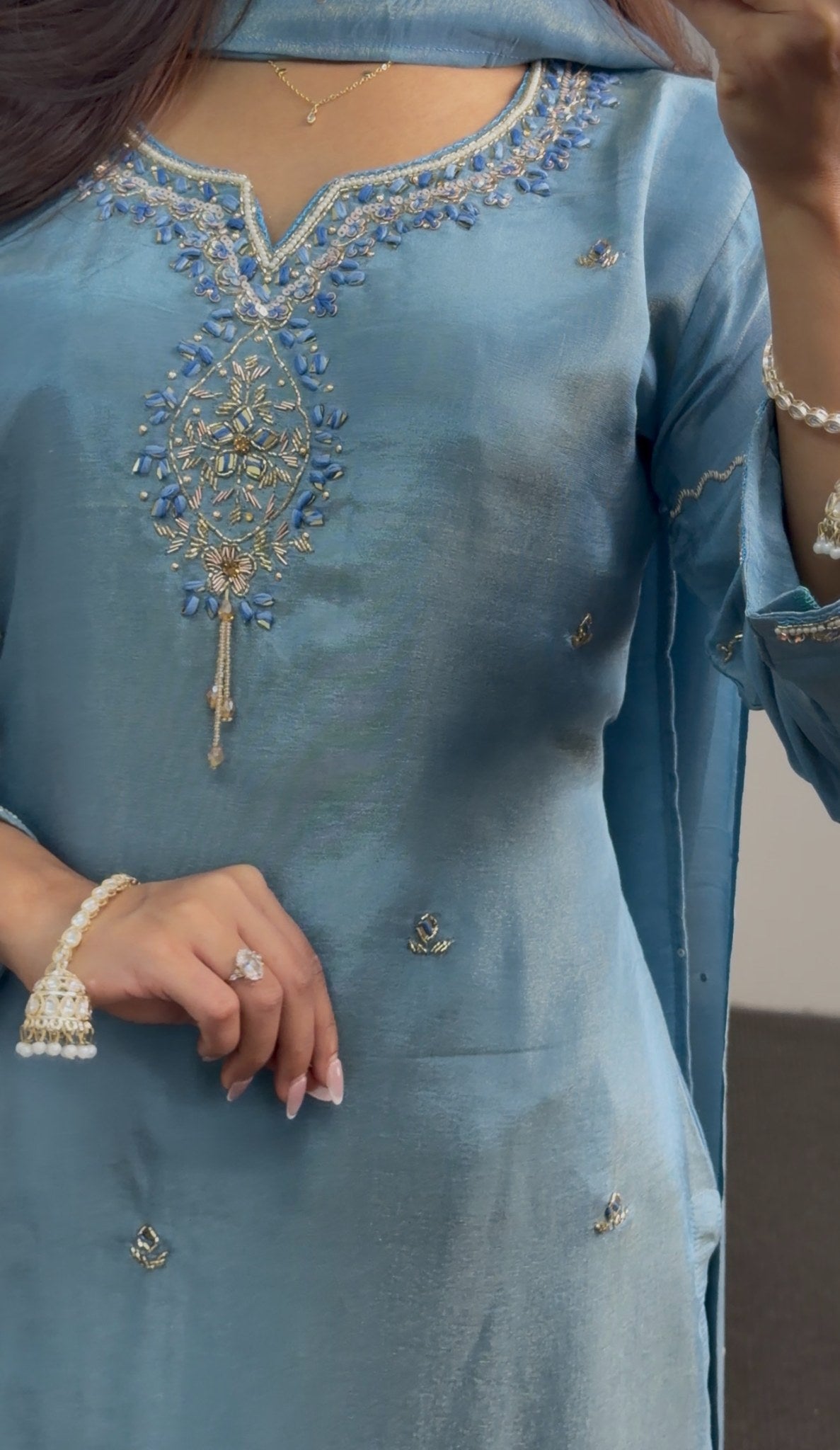 Steel blue shimmer tissue silk palazzo suit set with silver-gold floral embroidery, scalloped hem border and matching — view 4