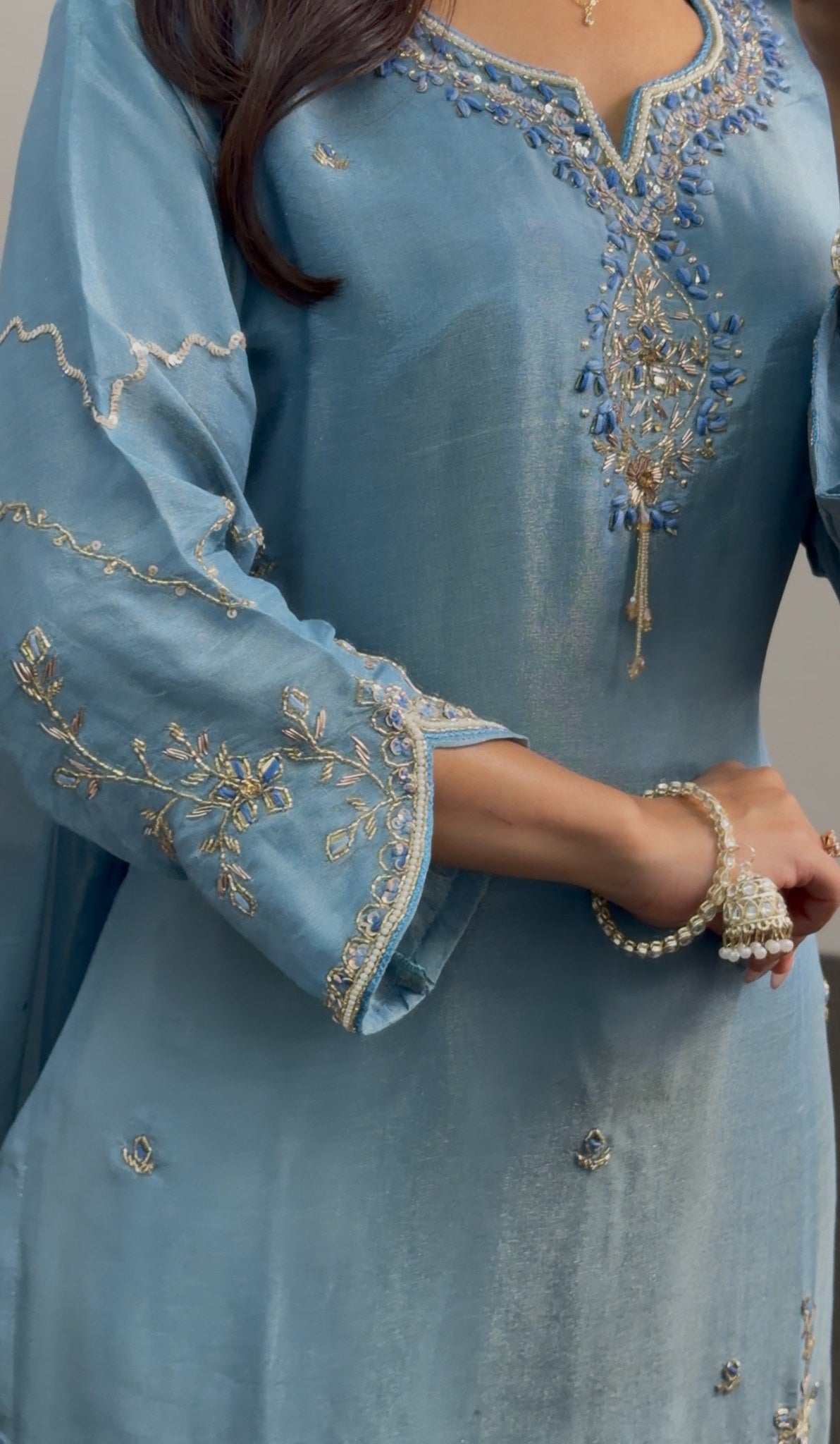 Steel blue shimmer tissue silk palazzo suit set with silver-gold floral embroidery, scalloped hem border and matching — view 5