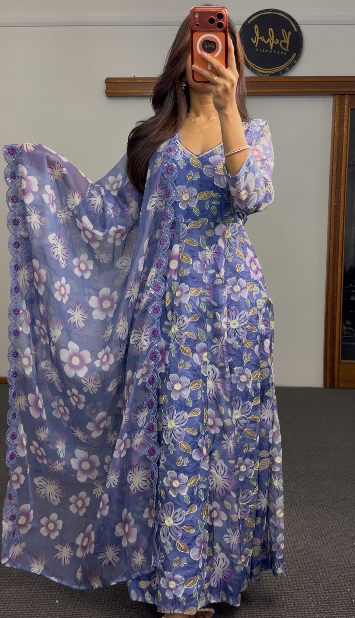 Cornflower blue floral print Anarkali with sequin-embellished scalloped dupatta border — Behuli Australia