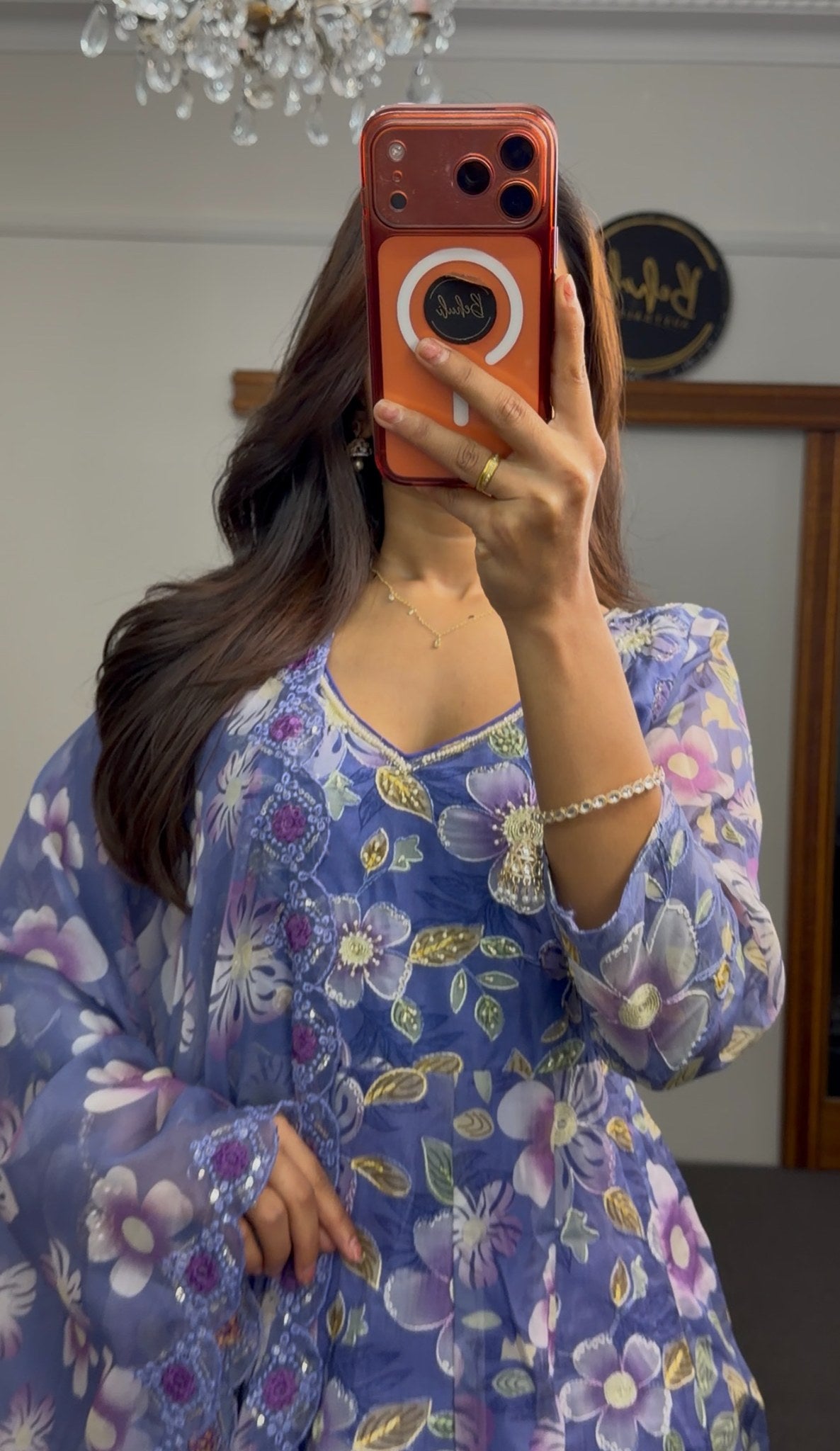 Cornflower blue floral print Anarkali with sequin-embellished scalloped dupatta border — Behuli Australia — view 2