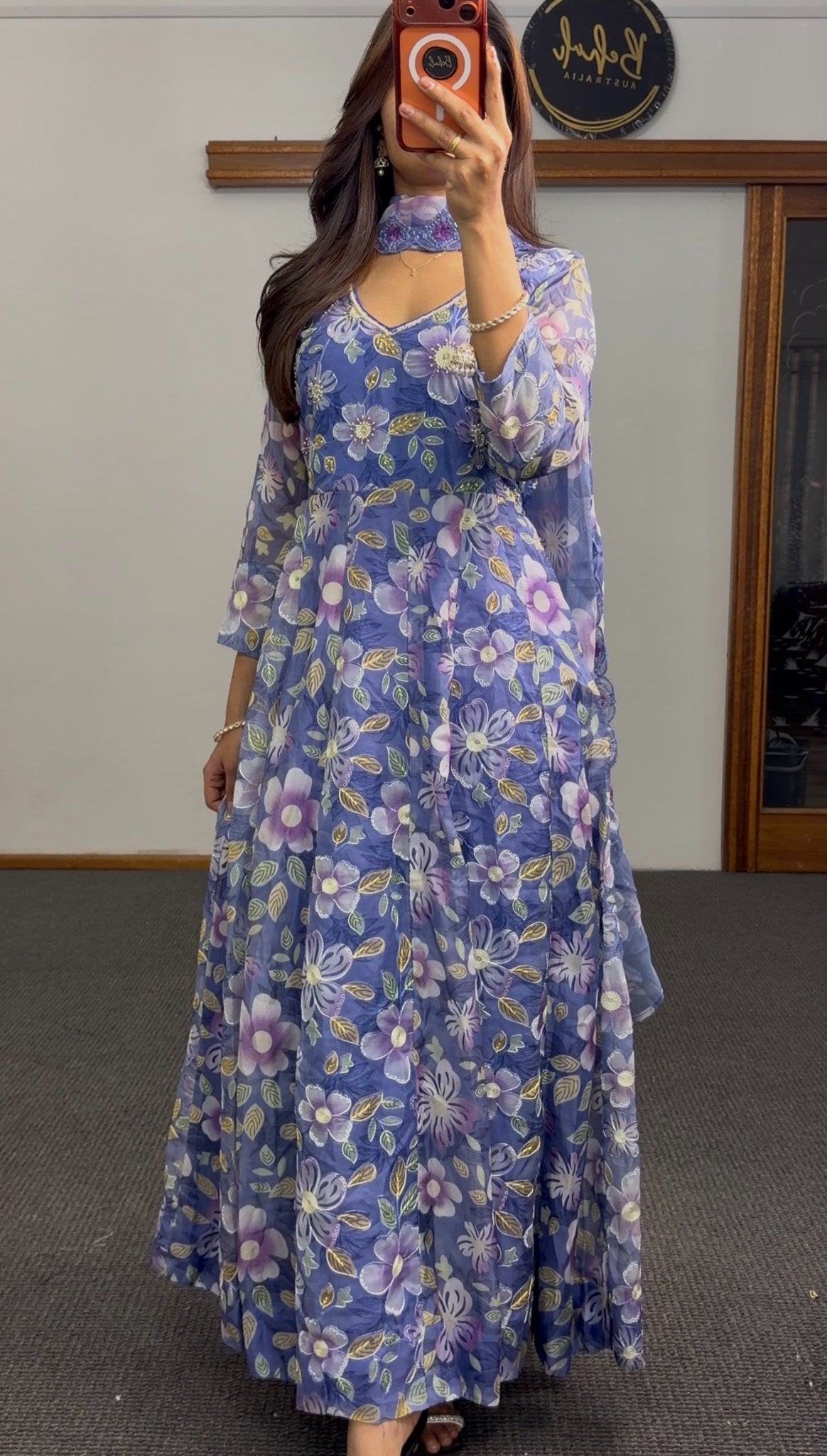 Cornflower blue floral print Anarkali with sequin-embellished scalloped dupatta border — Behuli Australia — view 3