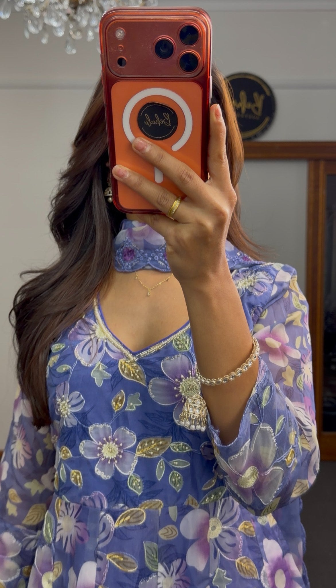 Cornflower blue floral print Anarkali with sequin-embellished scalloped dupatta border — Behuli Australia — view 4