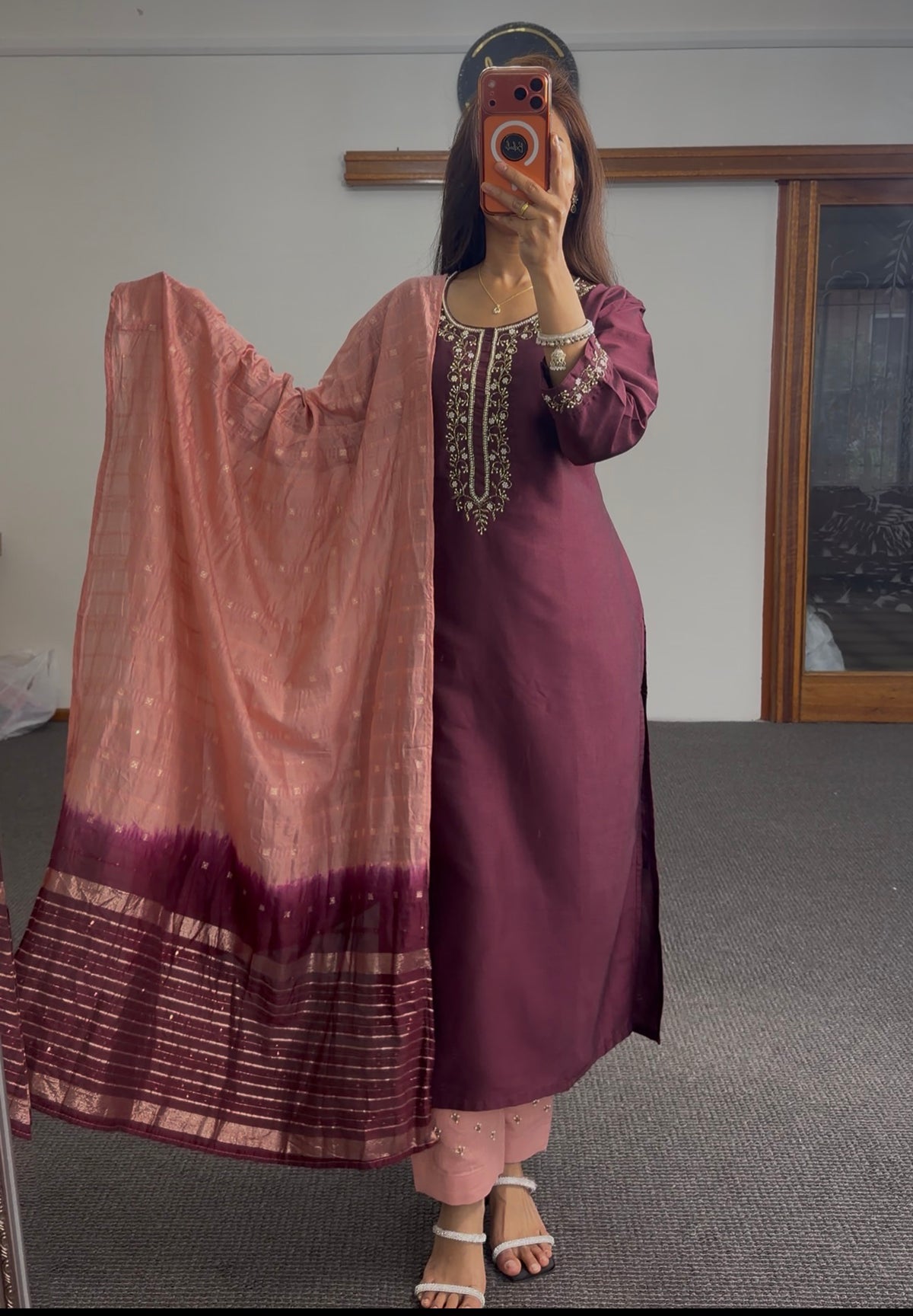 Plum kurti set with gold zari embroidery on neckline, paired with blush pink dupatta and matching pants — Behuli Australia