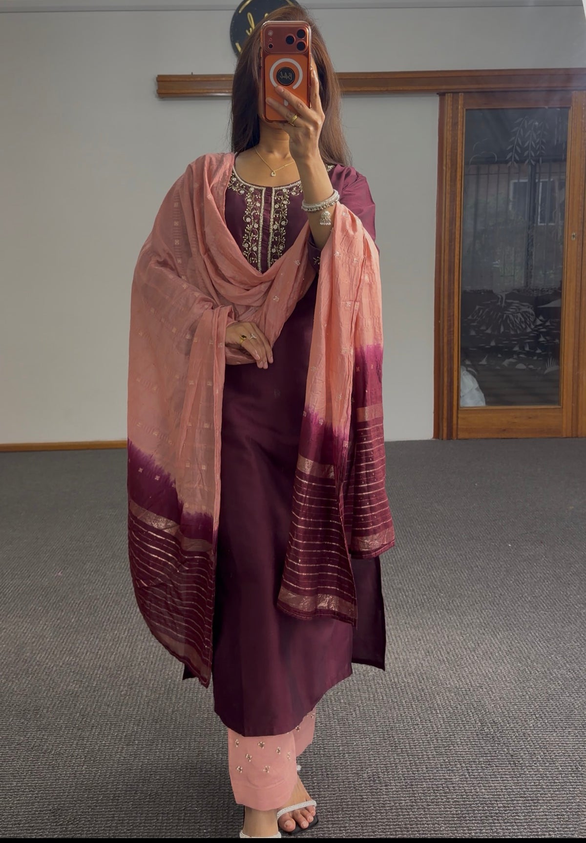 Plum kurti set with gold zari embroidery on neckline, paired with blush pink dupatta and matching pants — Behuli Australia — view 2