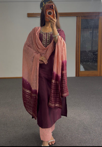 Plum kurti set with gold zari embroidery on neckline, paired with blush pink dupatta and matching pants — Behuli Australia — view 2