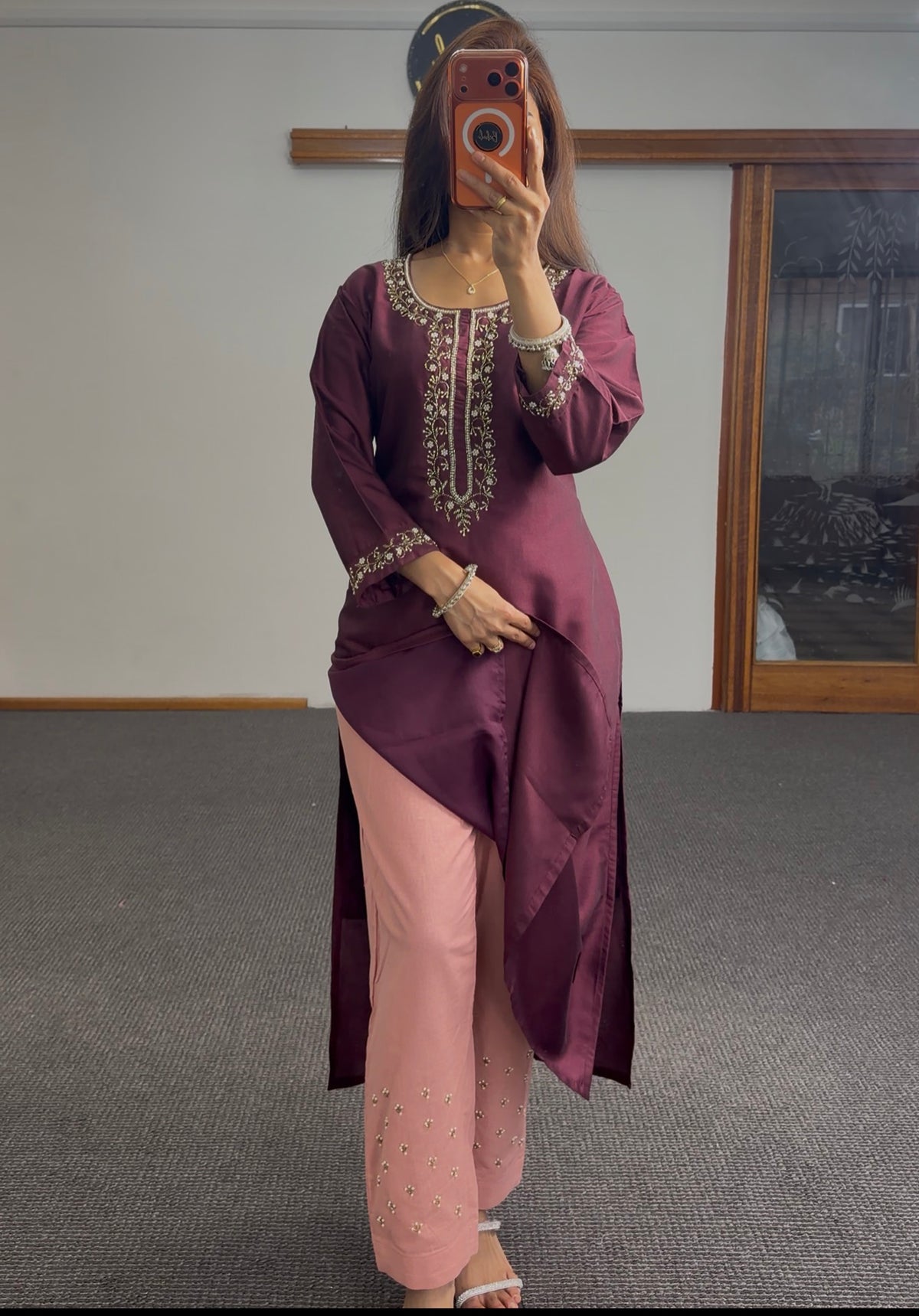 Plum kurti set with gold zari embroidery on neckline, paired with blush pink dupatta and matching pants — Behuli Australia — view 3