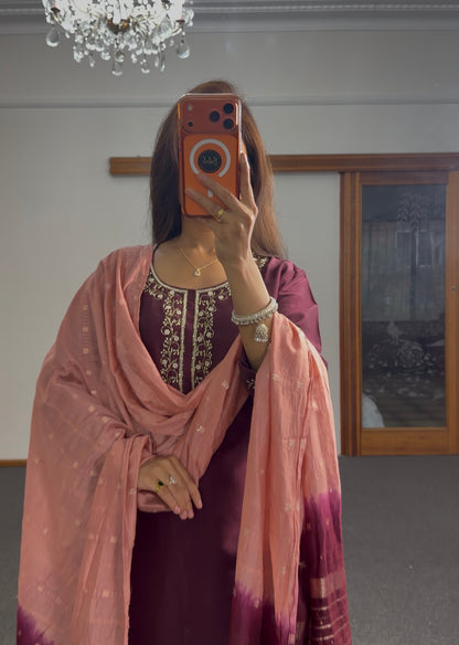 Plum kurti set with gold zari embroidery on neckline, paired with blush pink dupatta and matching pants — Behuli Australia — view 4