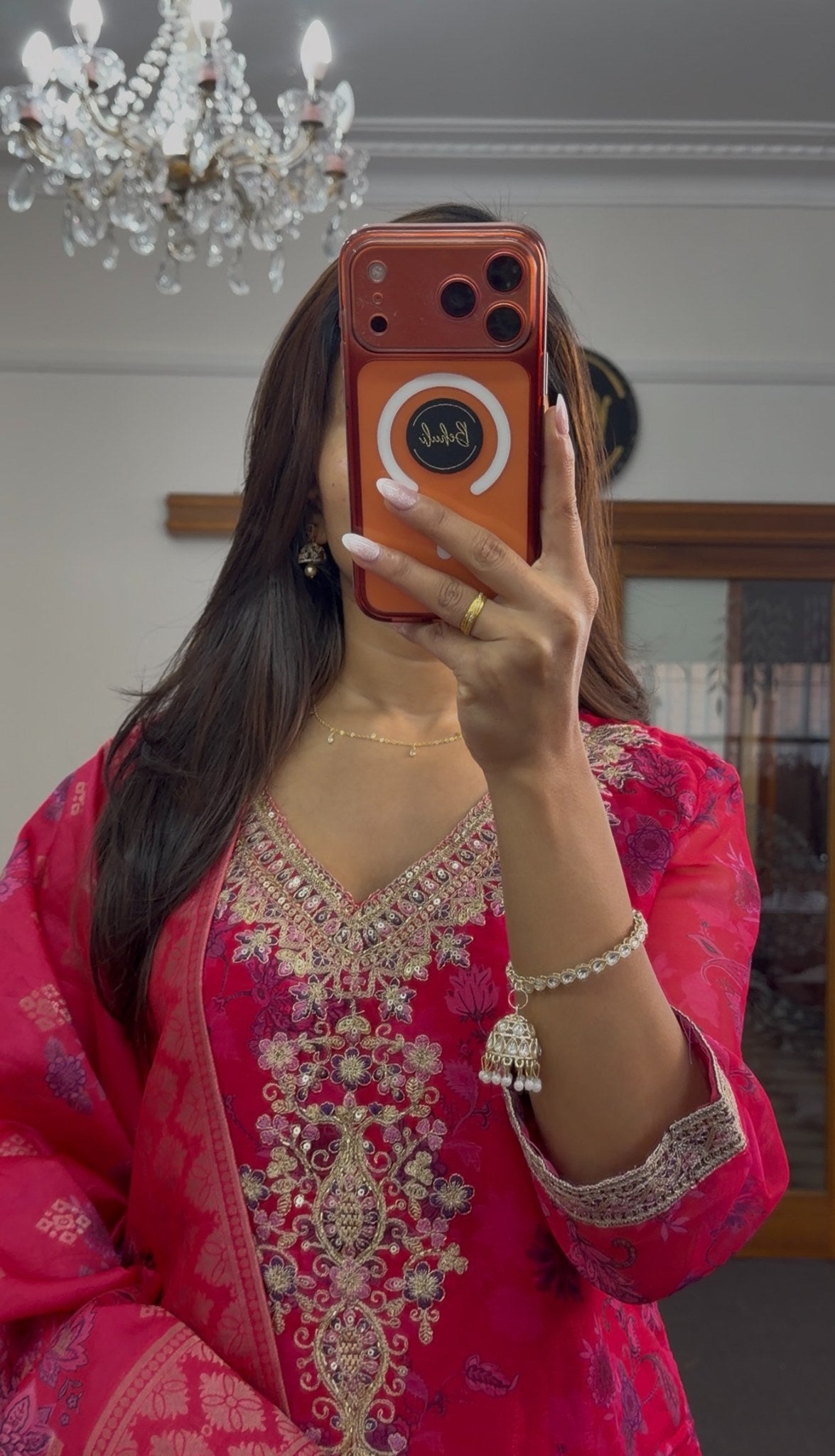 Fuchsia and purple ombré floral sharara suit set with silver embroidered neckline and matching woven dupatta — Behuli — view 2