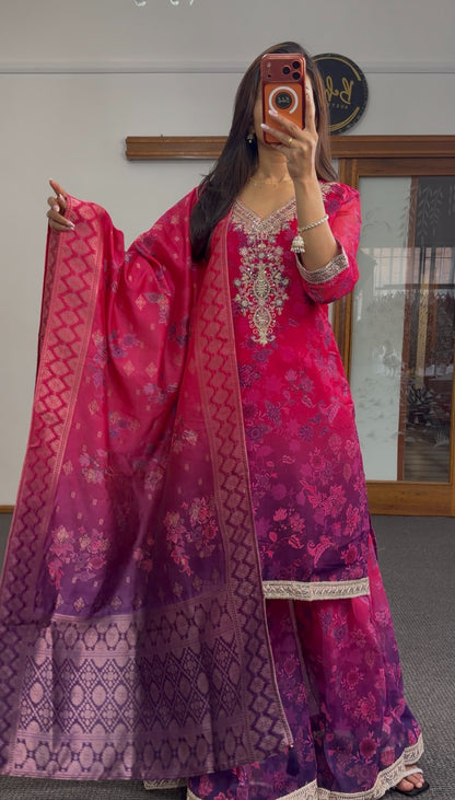 Fuchsia and purple ombré floral sharara suit set with silver embroidered neckline and matching woven dupatta — Behuli — view 3