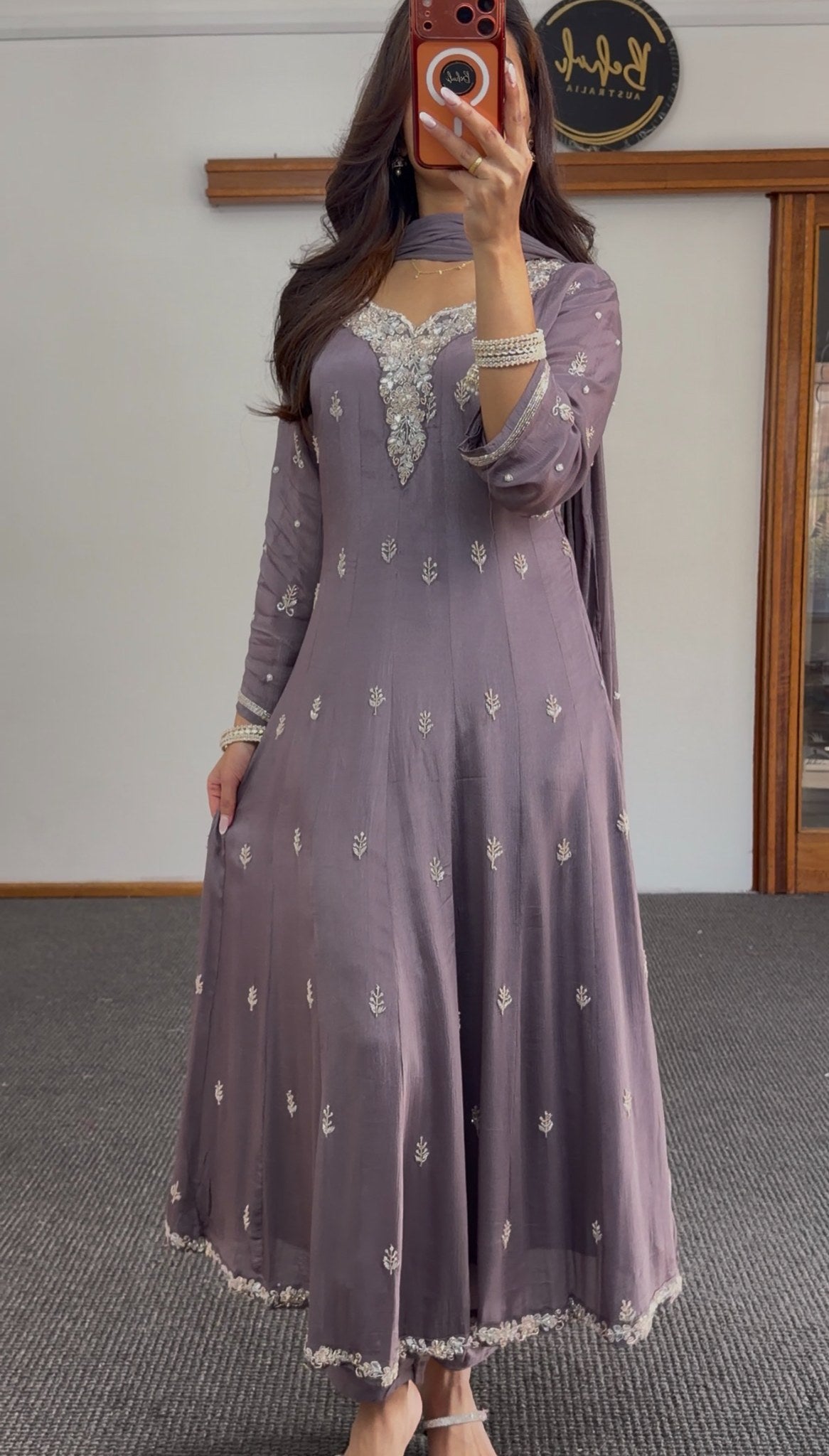 Dusty mauve Anarkali set with silver zari buti embroidery, embellished neckline panel and matching dupatta — Behuli Australia