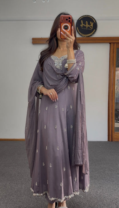 Dusty mauve Anarkali set with silver zari buti embroidery, embellished neckline panel and matching dupatta — Behuli Australia — view 2