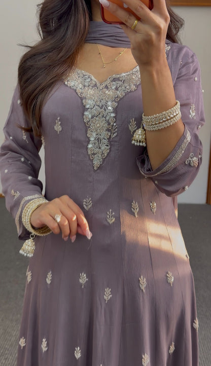 Dusty mauve Anarkali set with silver zari buti embroidery, embellished neckline panel and matching dupatta — Behuli Australia — view 3