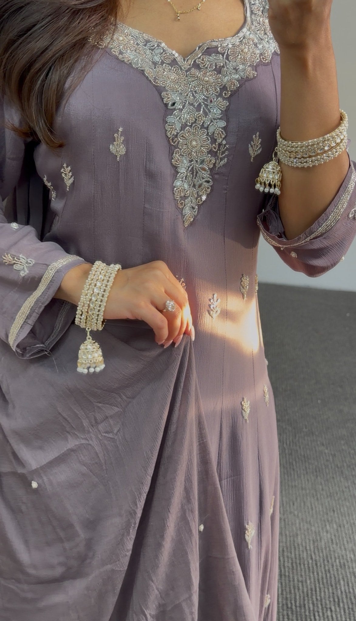 Dusty mauve Anarkali set with silver zari buti embroidery, embellished neckline panel and matching dupatta — Behuli Australia — view 4