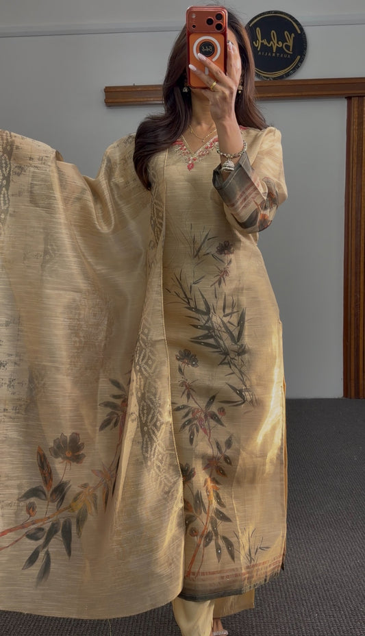 Beige floral printed kurti set with charcoal and rust botanical motifs, embellished V-neckline and matching printed dupatta