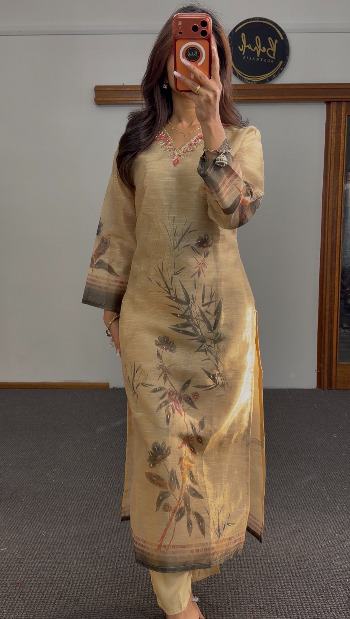 Beige floral printed kurti set with charcoal and rust botanical motifs, embellished V-neckline and matching printed dupatta — view 3