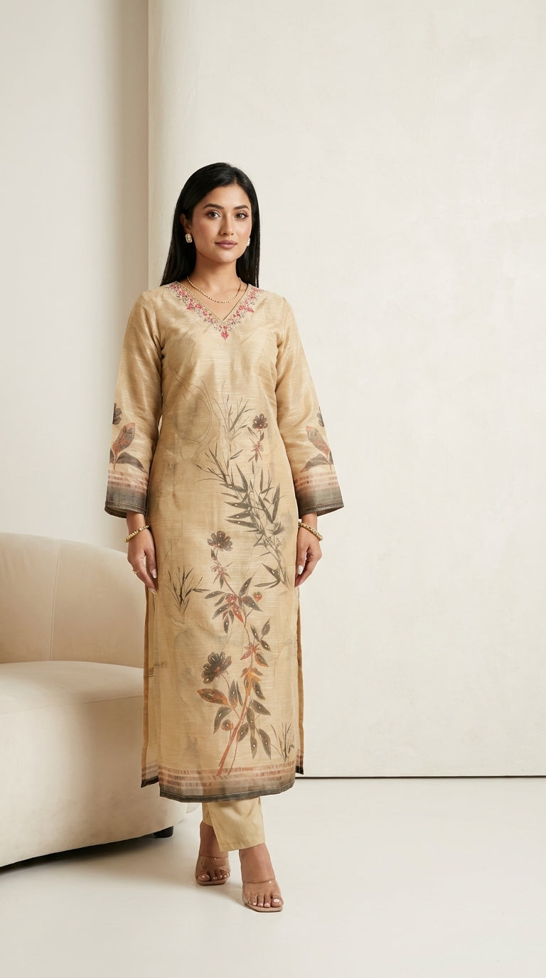 Beige floral printed kurti set with charcoal and rust botanical motifs, embellished V-neckline and matching printed dupatta — view 4