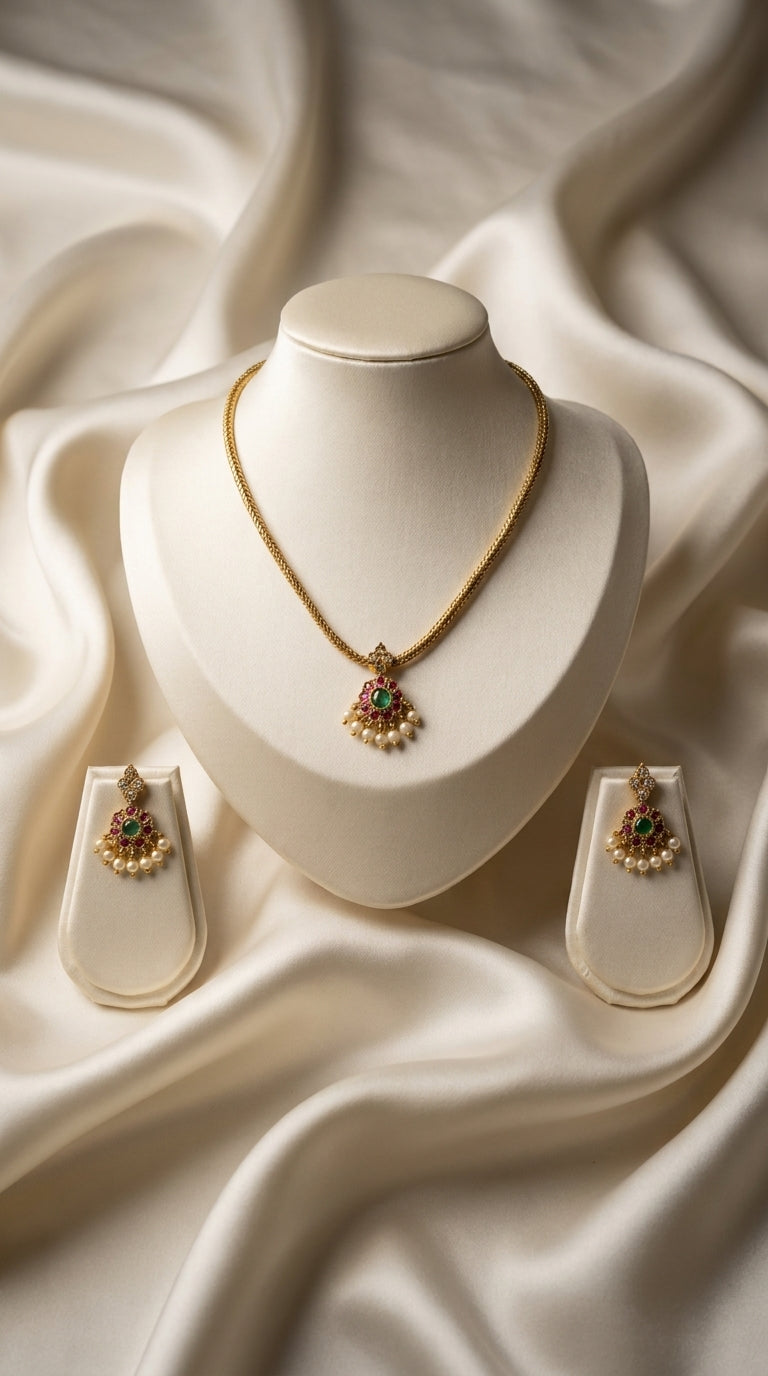 Gold-tone necklace and earring set with red and green stone embellishment and pearl drops displayed on ivory jewellery bust