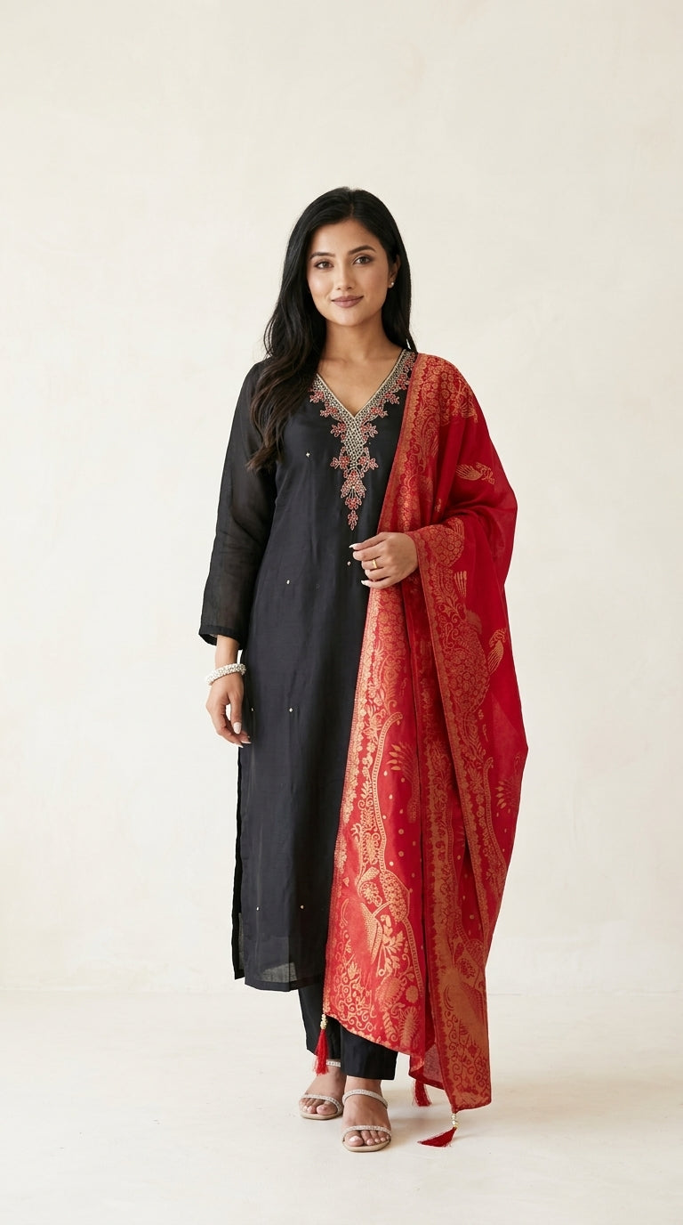 Black kurti set with beaded neckline embroidery paired with red gold-motif Banarasi dupatta — Behuli Australia
