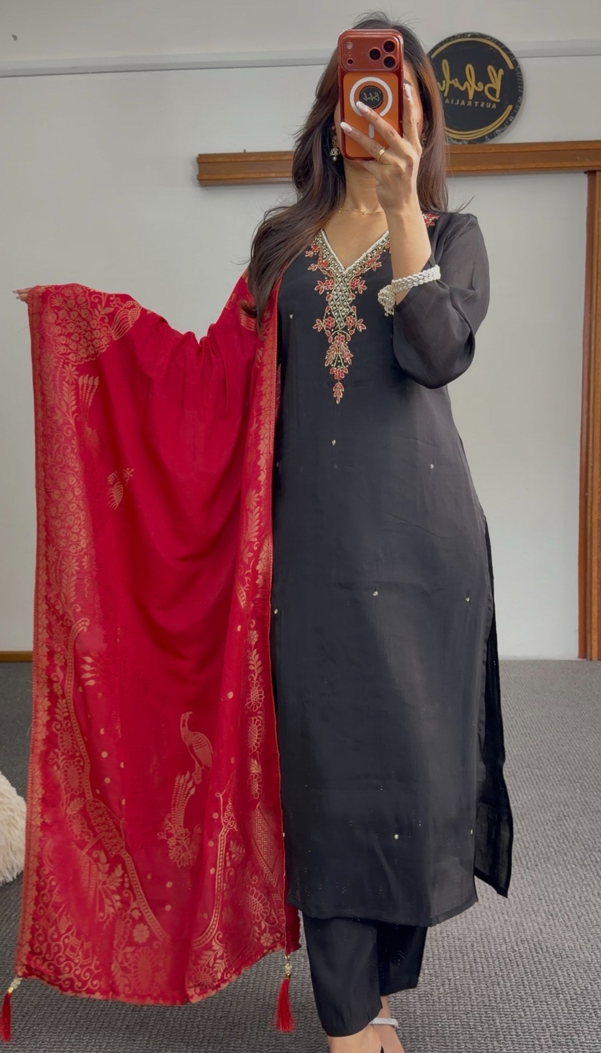 Black kurti set with beaded neckline embroidery paired with red gold-motif Banarasi dupatta — Behuli Australia — view 2
