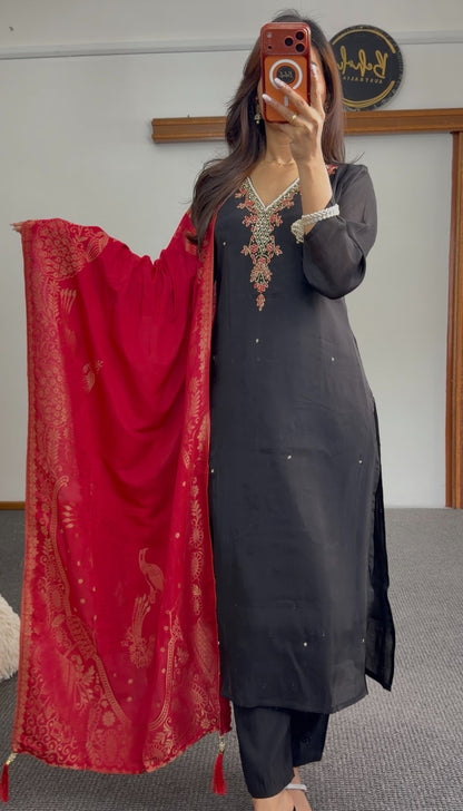 Black kurti set with beaded neckline embroidery paired with red gold-motif Banarasi dupatta — Behuli Australia — view 2