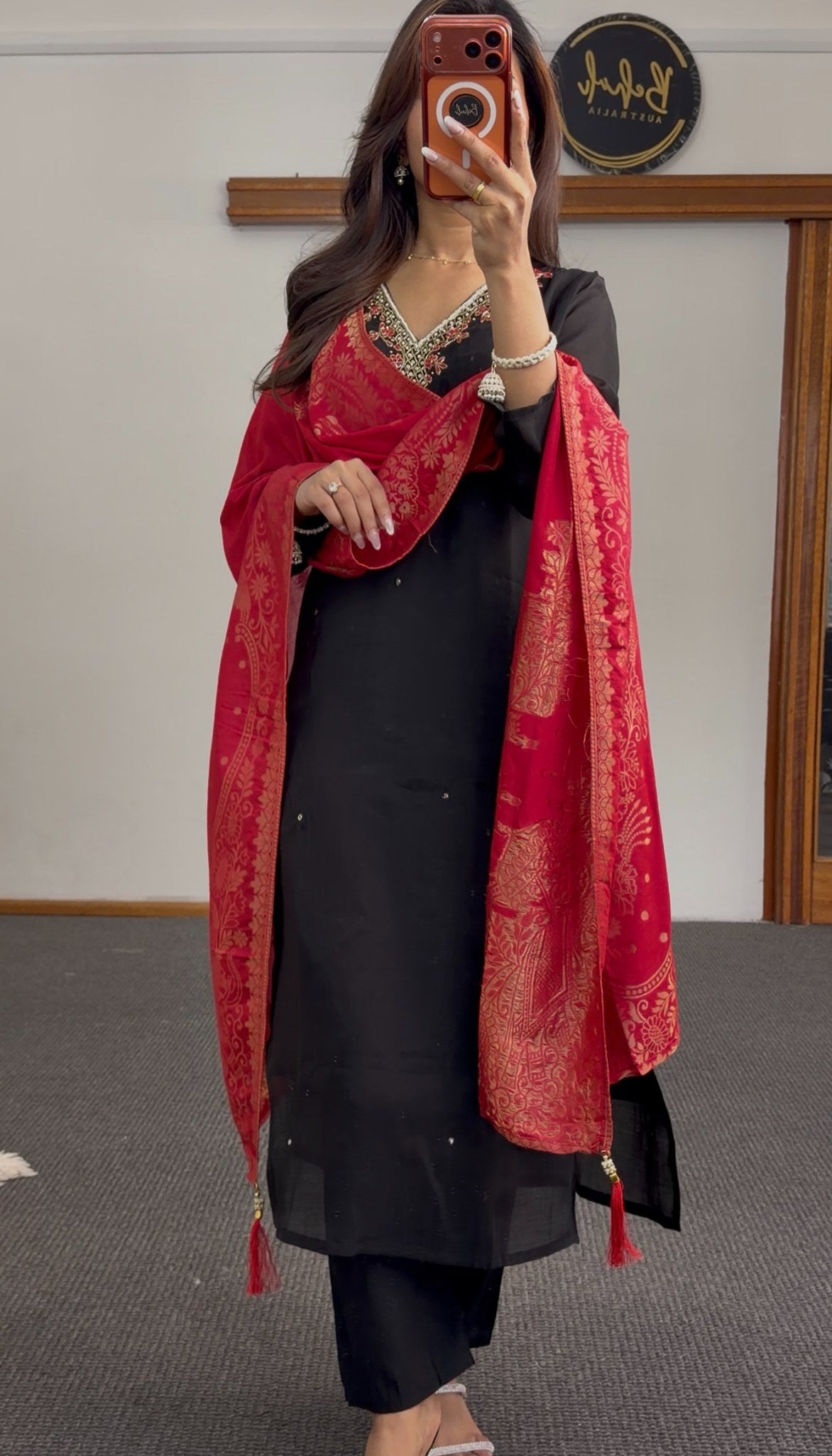 Black kurti set with beaded neckline embroidery paired with red gold-motif Banarasi dupatta — Behuli Australia — view 3