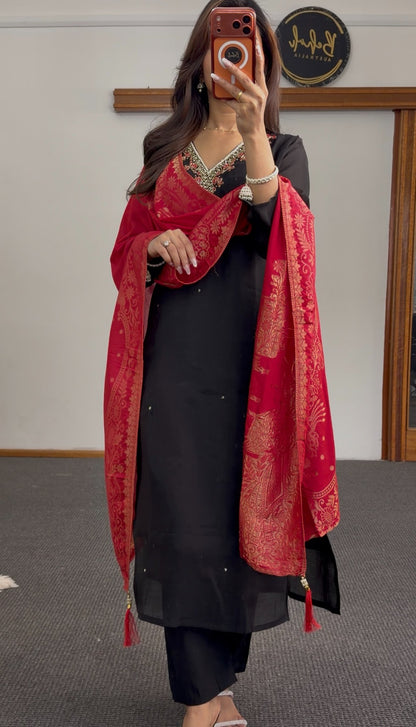 Black kurti set with beaded neckline embroidery paired with red gold-motif Banarasi dupatta — Behuli Australia — view 3
