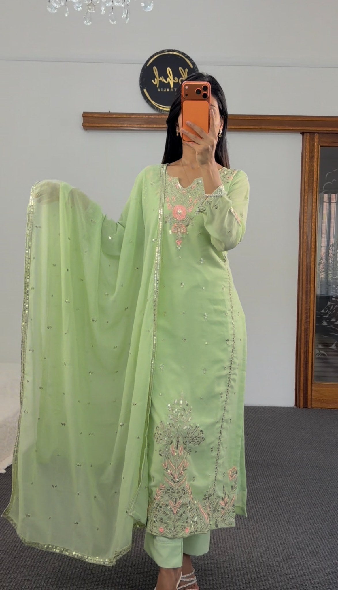 Mint green kurti set with floral sequin and resham embroidery, matching trousers and embellished dupatta — Behuli Australia