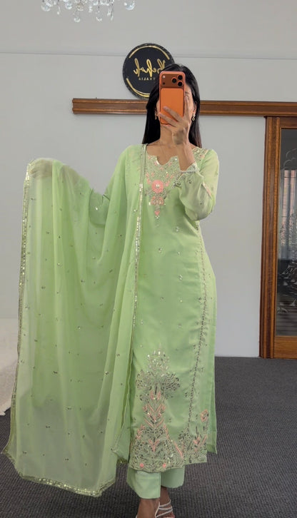 Mint green kurti set with floral sequin and resham embroidery, matching trousers and embellished dupatta — Behuli Australia