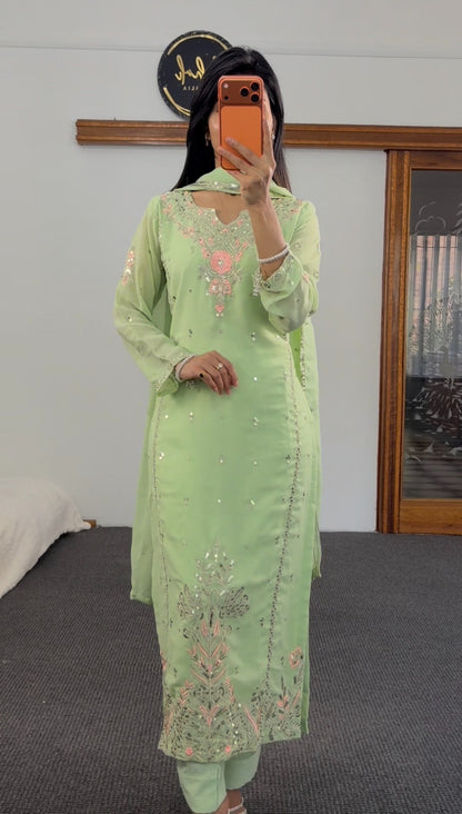 Mint green kurti set with floral sequin and resham embroidery, matching trousers and embellished dupatta — Behuli Australia — view 2