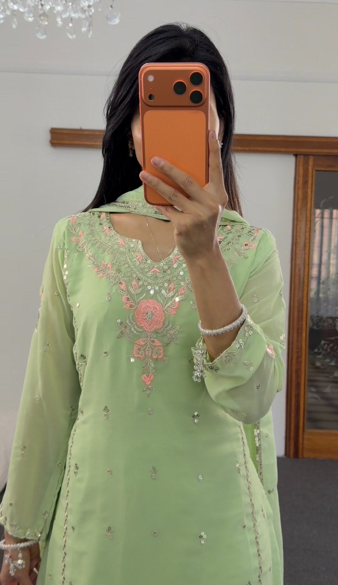 Mint green kurti set with floral sequin and resham embroidery, matching trousers and embellished dupatta — Behuli Australia — view 3