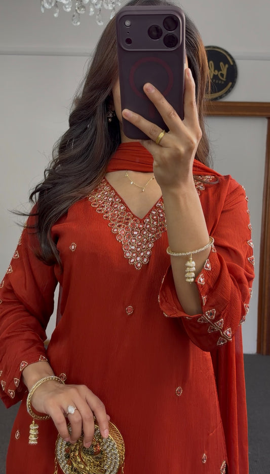 Rust red palazzo suit set with gold kundan embroidery, sequin detailing, and matching flowing dupatta — Behuli Australia — view 2