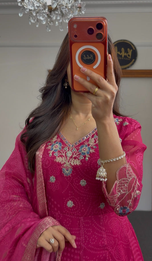 Fuchsia Anarkali with bandhani-style print, floral embroidery neckline and matching sheer dupatta — Behuli Australia — view 2