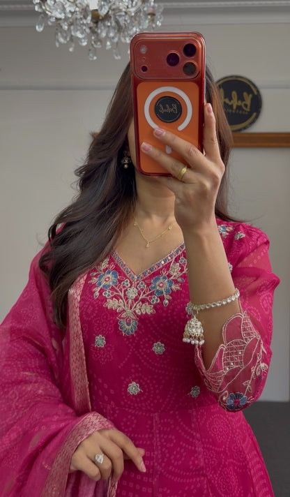 Fuchsia Anarkali with bandhani-style print, floral embroidery neckline and matching sheer dupatta — Behuli Australia — view 2