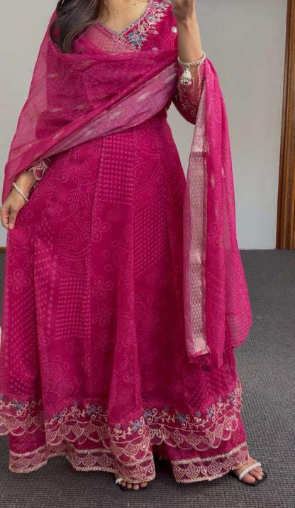 Fuchsia Anarkali with bandhani-style print, floral embroidery neckline and matching sheer dupatta — Behuli Australia — view 3