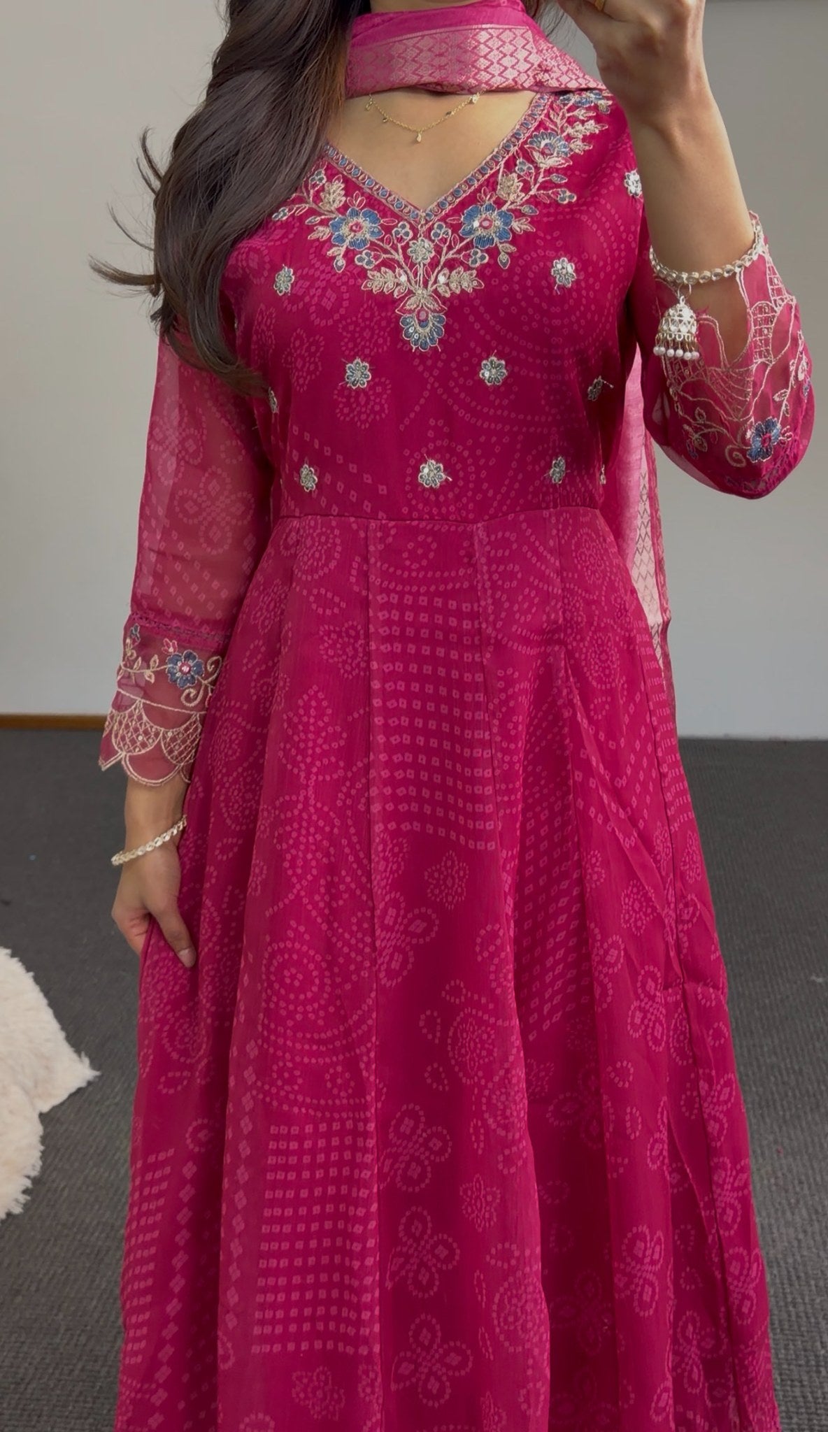 Fuchsia Anarkali with bandhani-style print, floral embroidery neckline and matching sheer dupatta — Behuli Australia — view 4