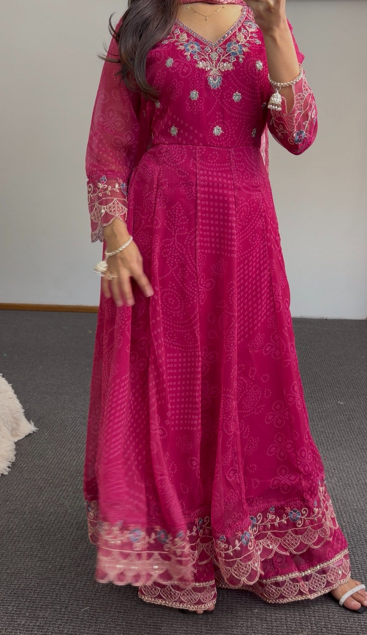 Fuchsia Anarkali with bandhani-style print, floral embroidery neckline and matching sheer dupatta — Behuli Australia — view 5